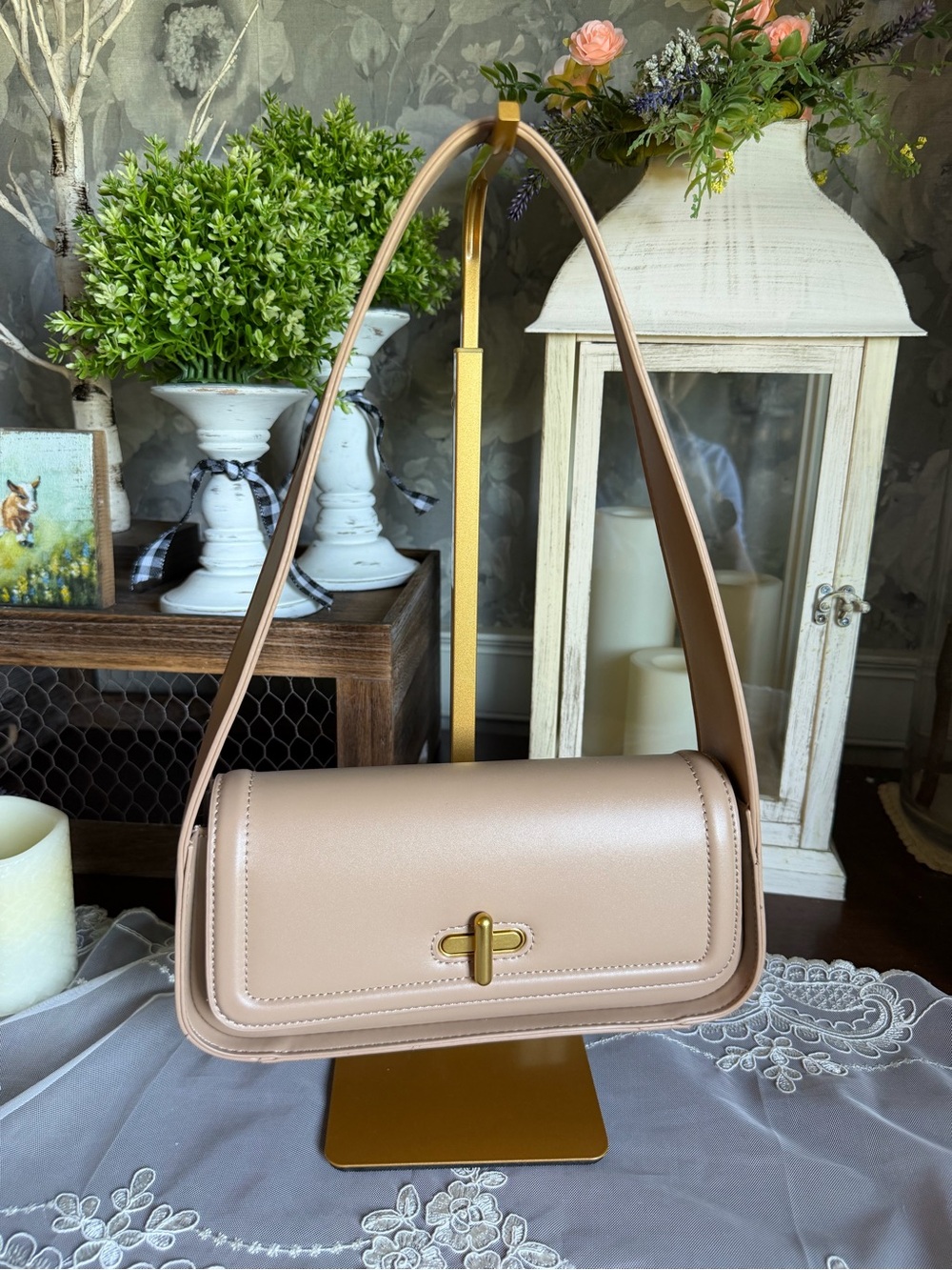 NWOT Rachel Zoe Modern Nude Leather Shoulder Bag with Gold Hardware